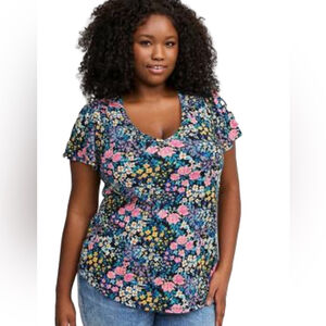 Floral V-Neck Short Sleeve Top - Navy with Pink & Yellow Flowers